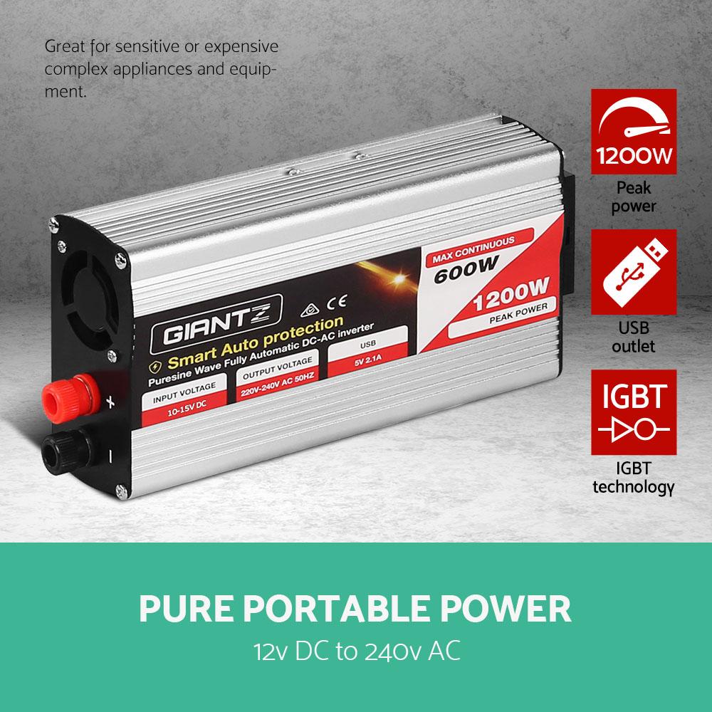 Giantz 600W Pure Sine Wave DC-AC Power Inverter with dual 240V sockets and USB output, designed for powering sensitive electronics.