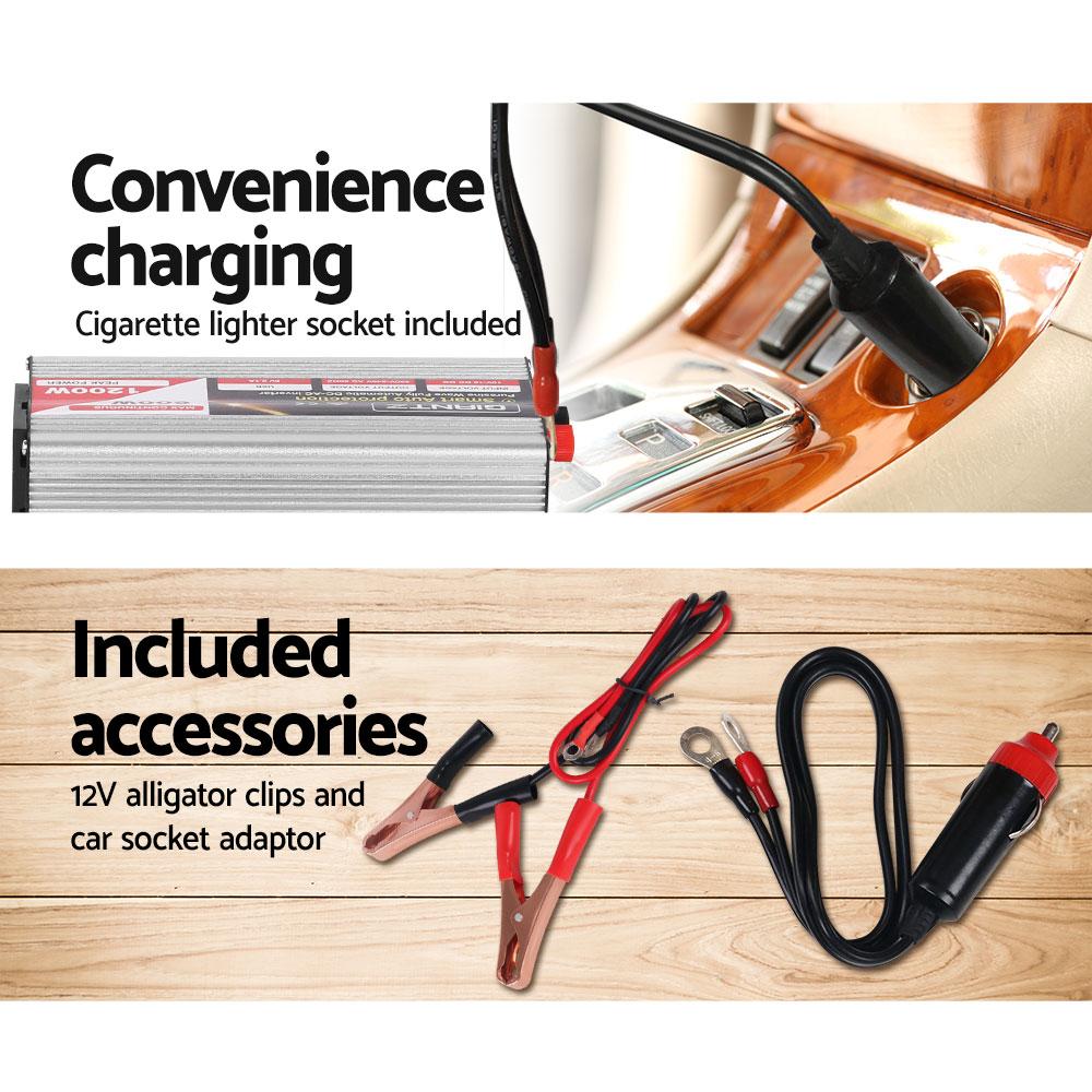 Giantz 600W Pure Sine Wave DC-AC Power Inverter with dual 240V sockets and USB output, designed for powering sensitive electronics.