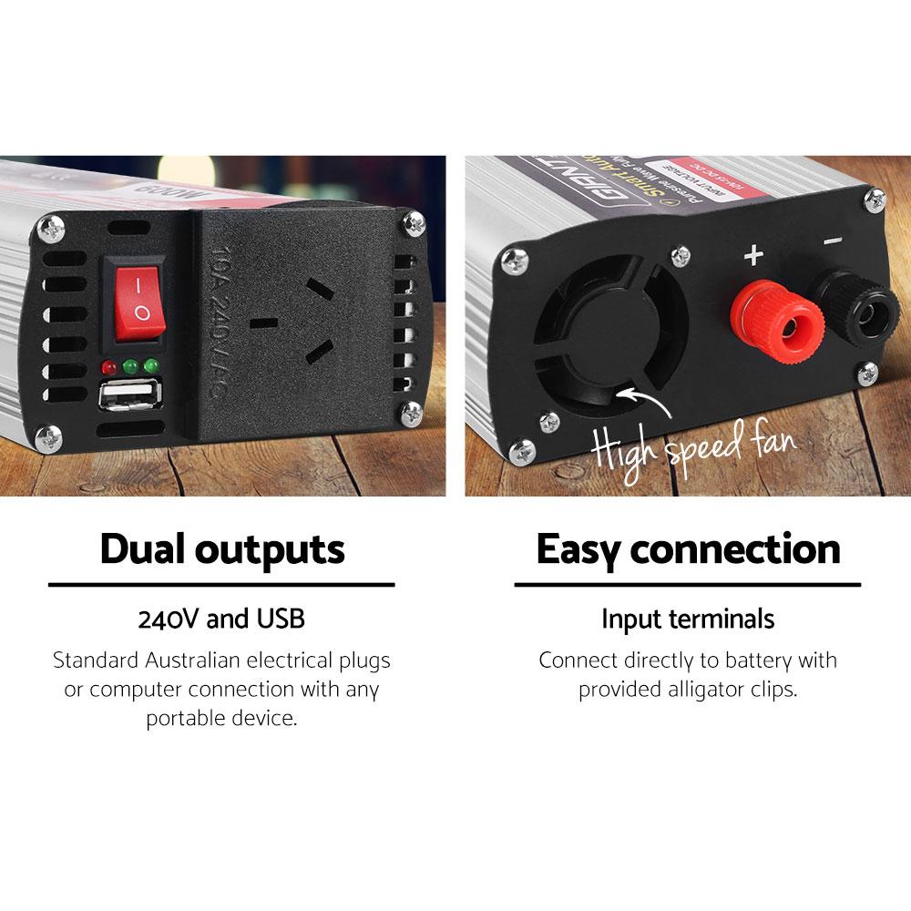 Giantz 600W Pure Sine Wave DC-AC Power Inverter with dual 240V sockets and USB output, designed for powering sensitive electronics.