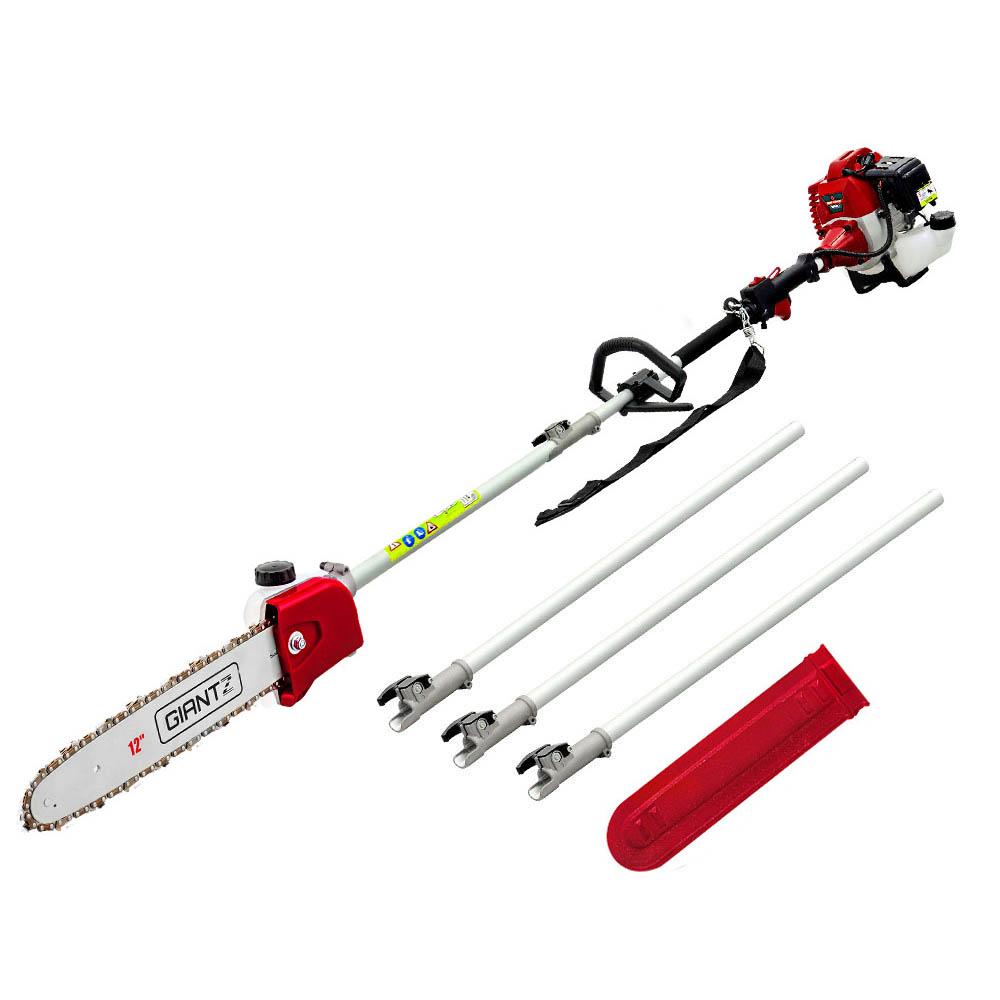 Giantz 62CC Pole Chainsaw with extension poles and safety accessories, showcasing its powerful design and reach.
