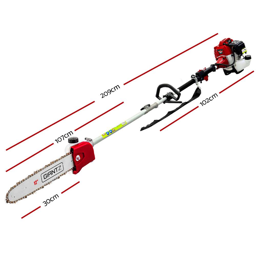 Giantz 62CC Pole Chainsaw with extension poles and safety accessories, showcasing its powerful design and reach.