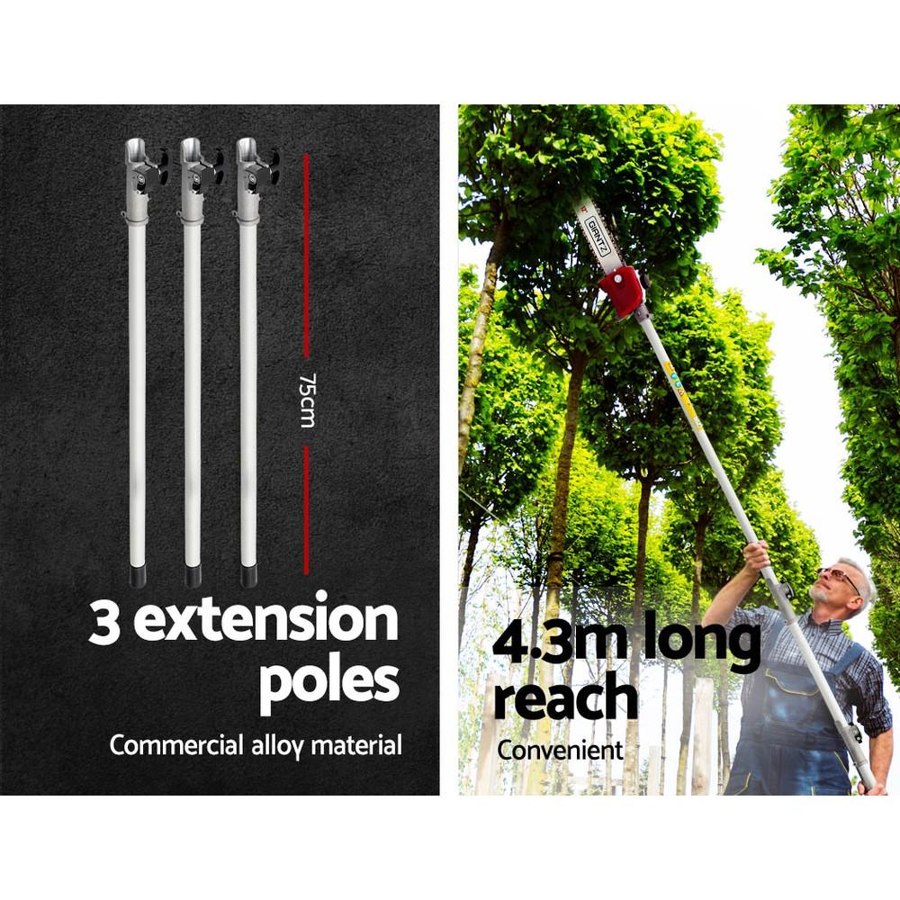 Giantz 62CC Pole Chainsaw with extension poles and safety accessories, showcasing its powerful design and reach.