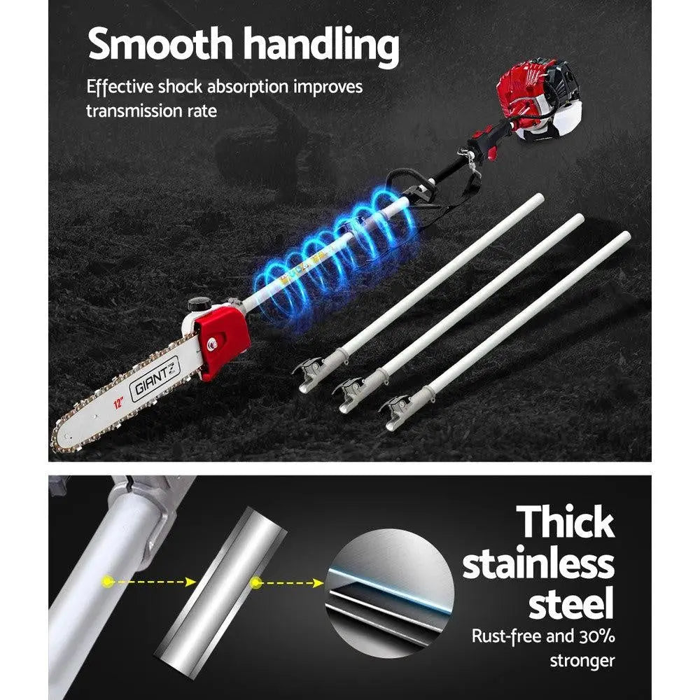 Giantz 65CC Pole Chainsaw with extension poles and accessories, showcasing its powerful engine and ergonomic design.