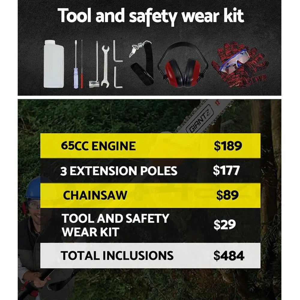 Giantz 65CC Pole Chainsaw with extension poles and accessories, showcasing its powerful engine and ergonomic design.