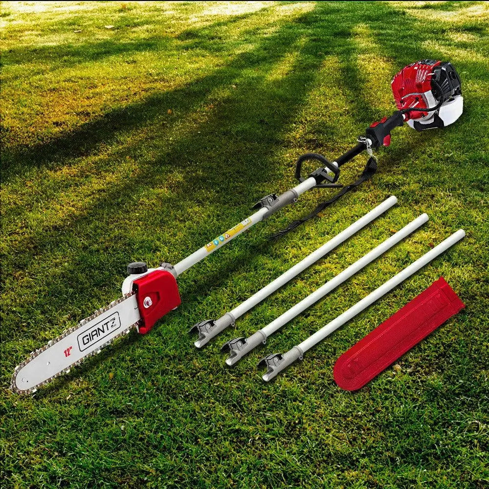 Giantz 65CC Pole Chainsaw with extension poles and accessories, showcasing its powerful engine and ergonomic design.