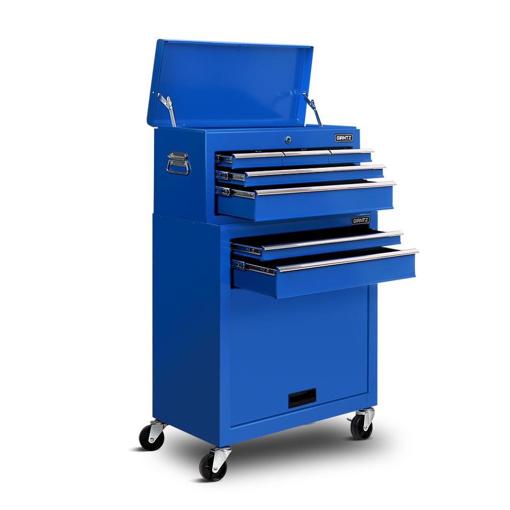 Giantz 7 Drawer Tool Box Cabinet in blue, showcasing its heavy-duty design and multiple drawers for tool organization.