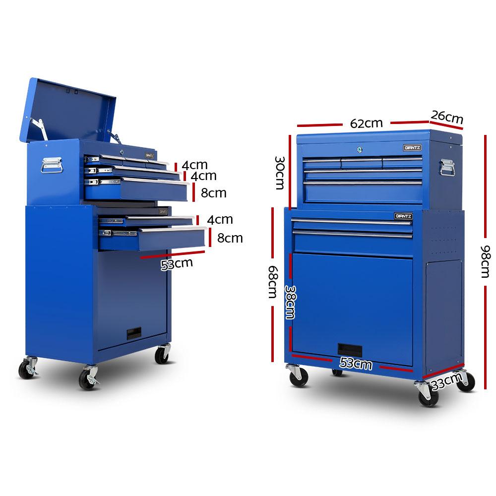 Giantz 7 Drawer Tool Box Cabinet in blue, showcasing its heavy-duty design and multiple drawers for tool organization.