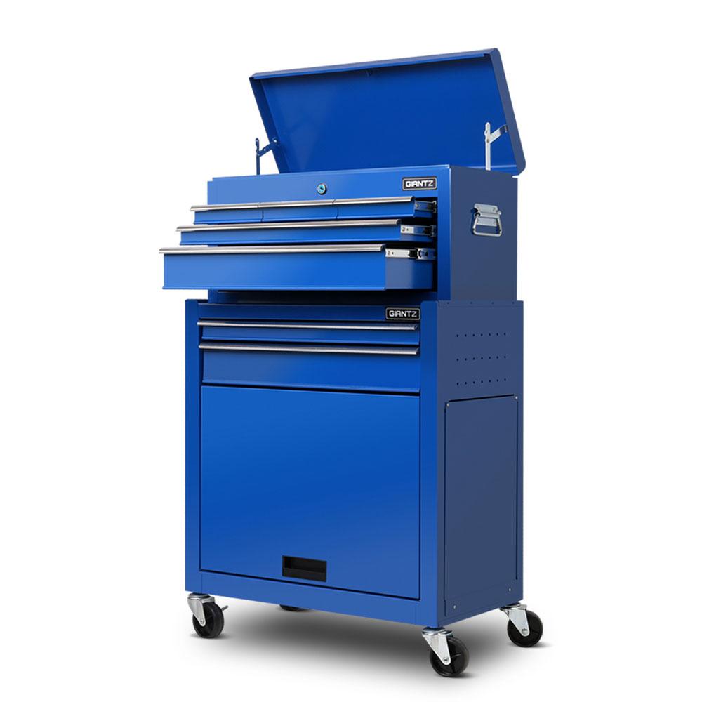 Giantz 7 Drawer Tool Box Cabinet in blue, showcasing its heavy-duty design and multiple drawers for tool organization.
