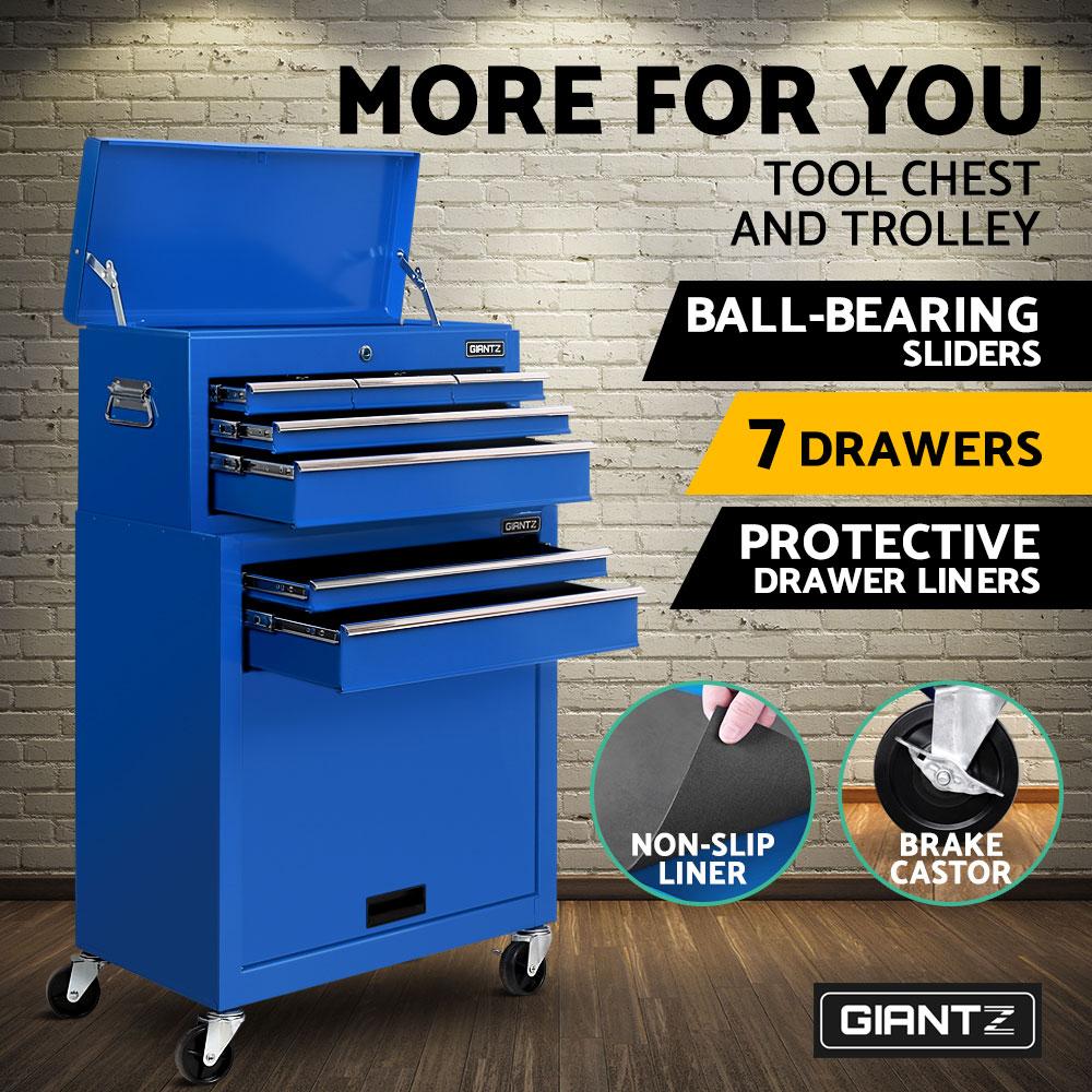 Giantz 7 Drawer Tool Box Cabinet in blue, showcasing its heavy-duty design and multiple drawers for tool organization.