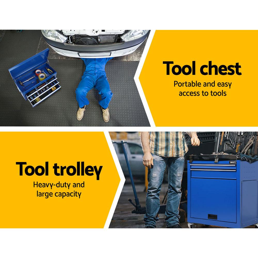 Giantz 7 Drawer Tool Box Cabinet in blue, showcasing its heavy-duty design and multiple drawers for tool organization.