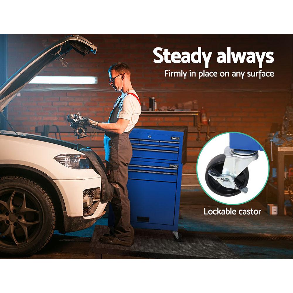 Giantz 7 Drawer Tool Box Cabinet in blue, showcasing its heavy-duty design and multiple drawers for tool organization.