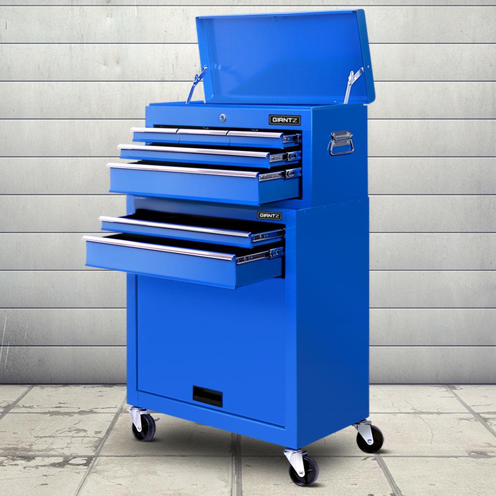Giantz 7 Drawer Tool Box Cabinet in blue, showcasing its heavy-duty design and multiple drawers for tool organization.