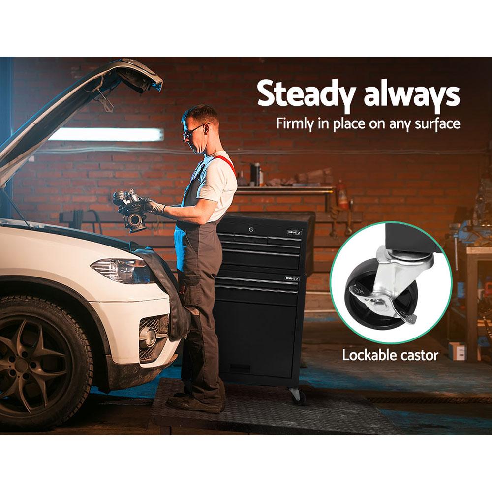 Giantz 7 Drawer Tool Box Cabinet in black, showcasing its sturdy design and multiple drawers for tool storage.