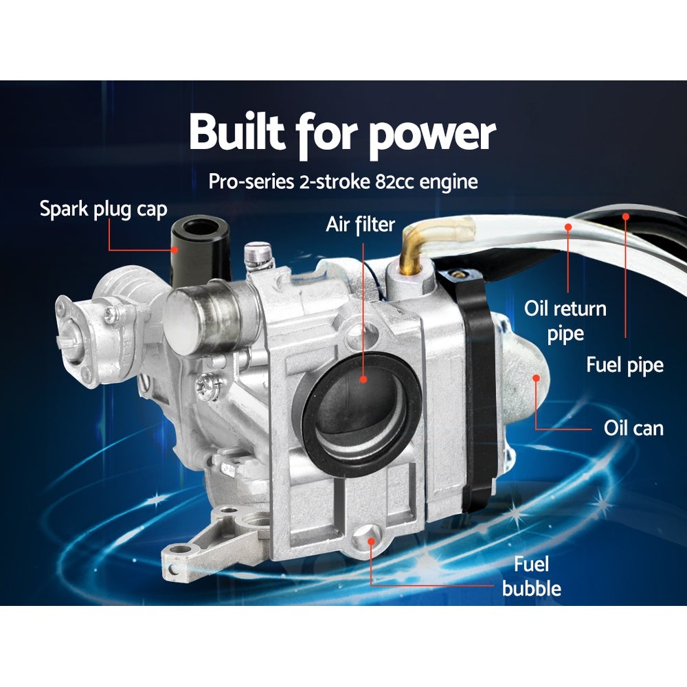 Giantz 72CC Garden Cultivator Tiller with 16 hardened steel tines and all-terrain rubber tires, showcasing its powerful 2-stroke engine.