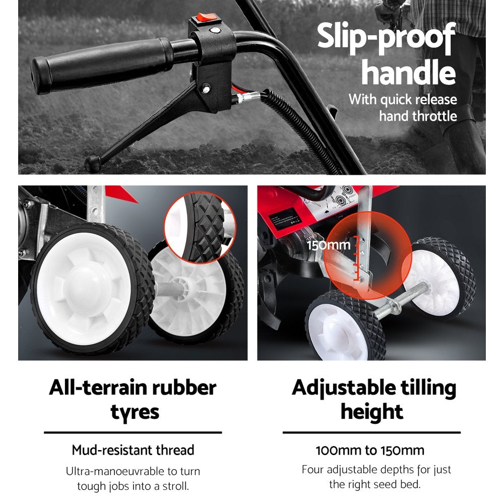 Giantz 72CC Garden Cultivator Tiller with 16 hardened steel tines and all-terrain rubber tires, showcasing its powerful 2-stroke engine.