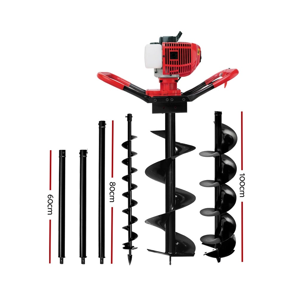 Giantz 80CC Petrol Post Hole Digger with augers and extensions, showcasing its robust design and user-friendly features.