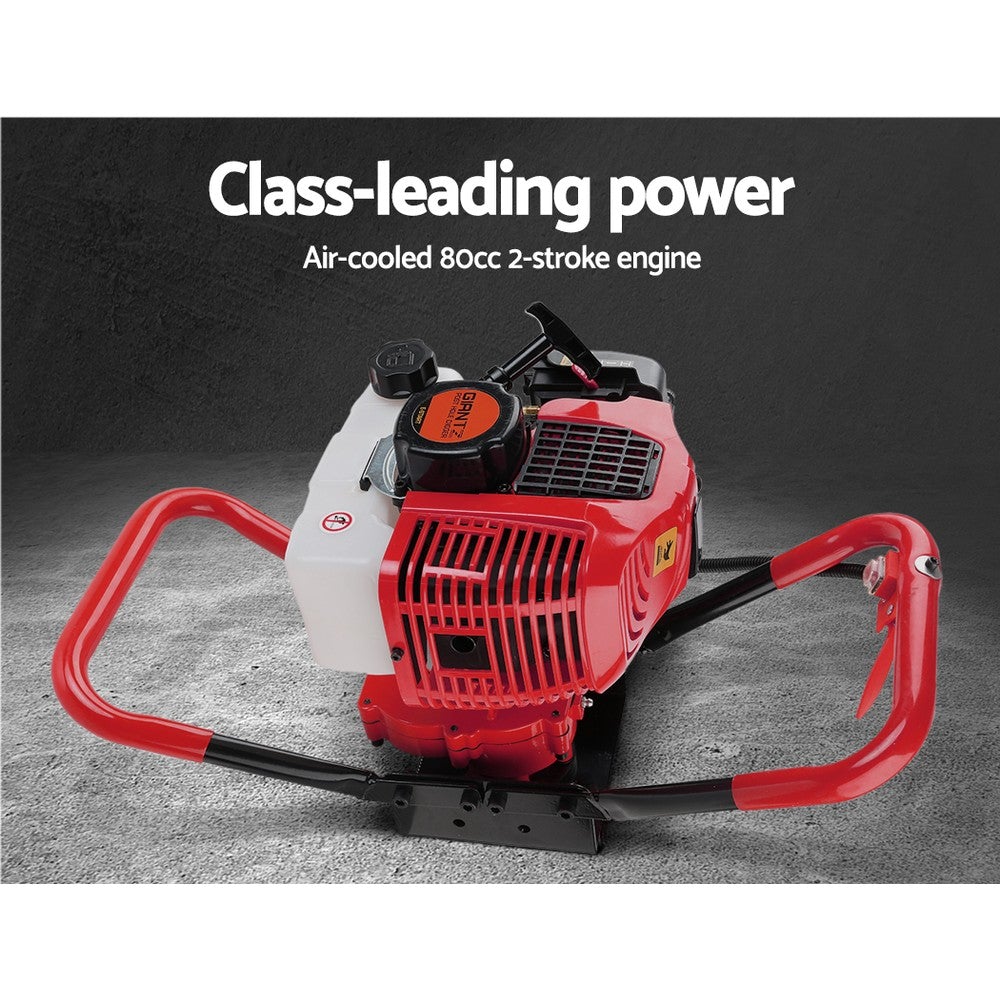 Giantz 80CC Petrol Post Hole Digger with augers and extensions, showcasing its robust design and user-friendly features.