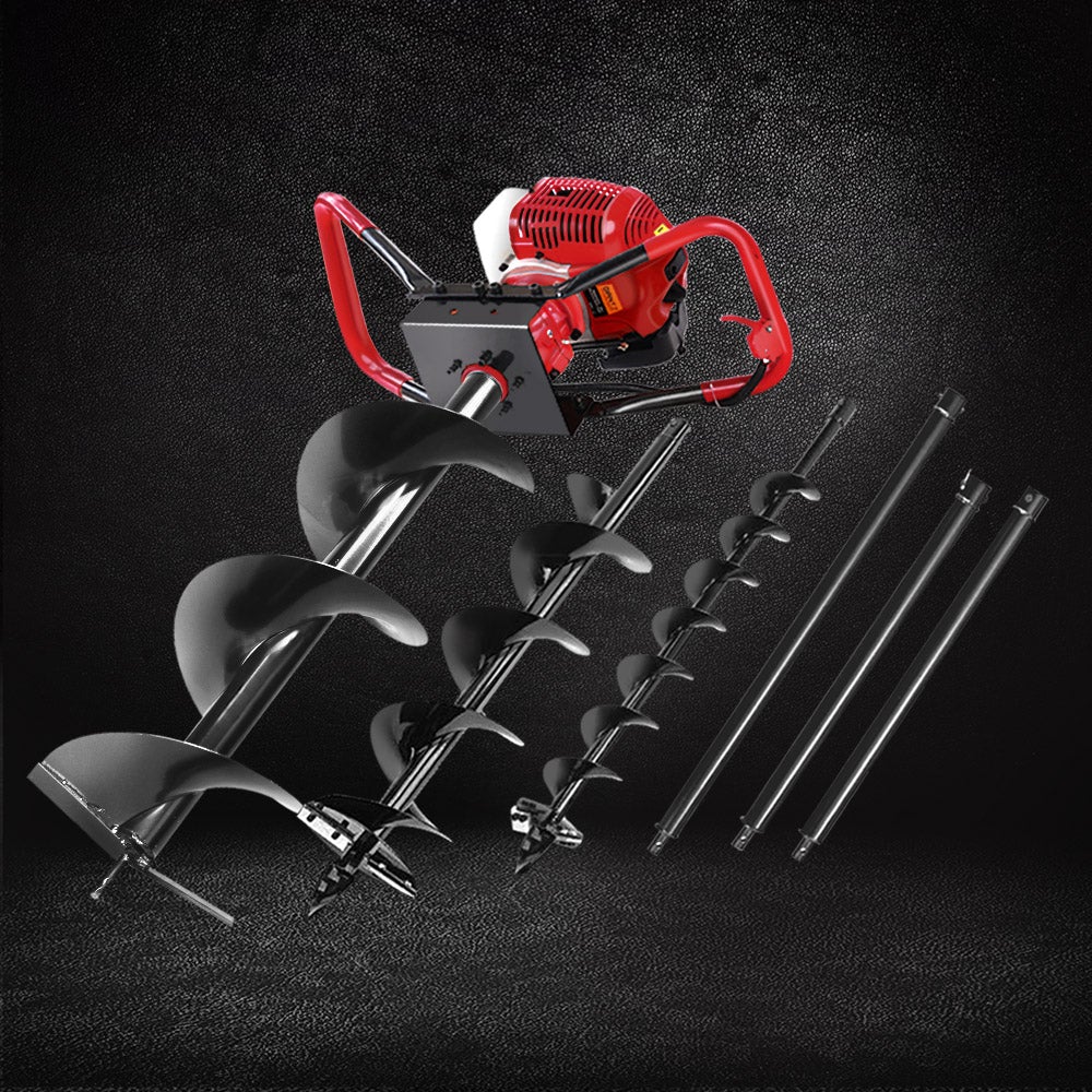 Giantz 80CC Petrol Post Hole Digger with augers and extensions, showcasing its robust design and user-friendly features.