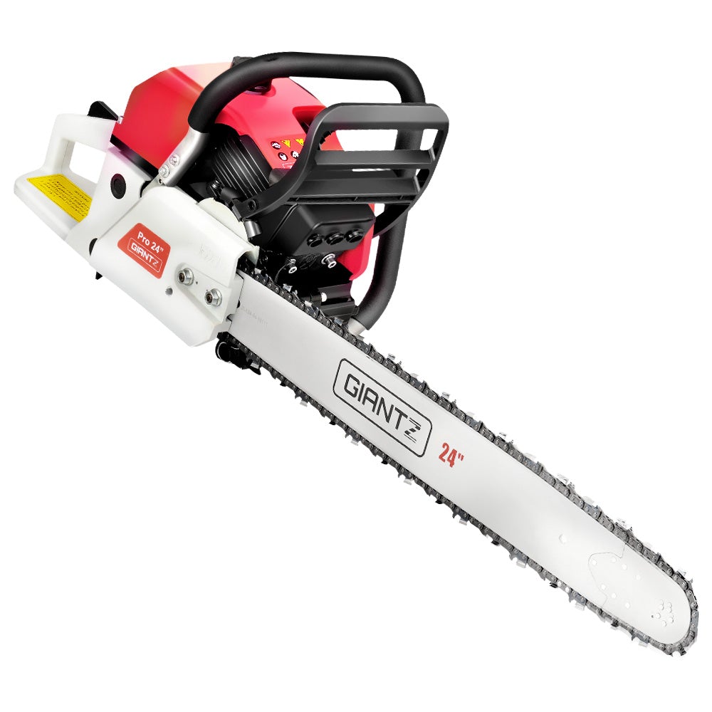 Giantz 88CC Commercial Petrol Chainsaw in red and white with a 24-inch bar and chain, showcasing its robust design and features.