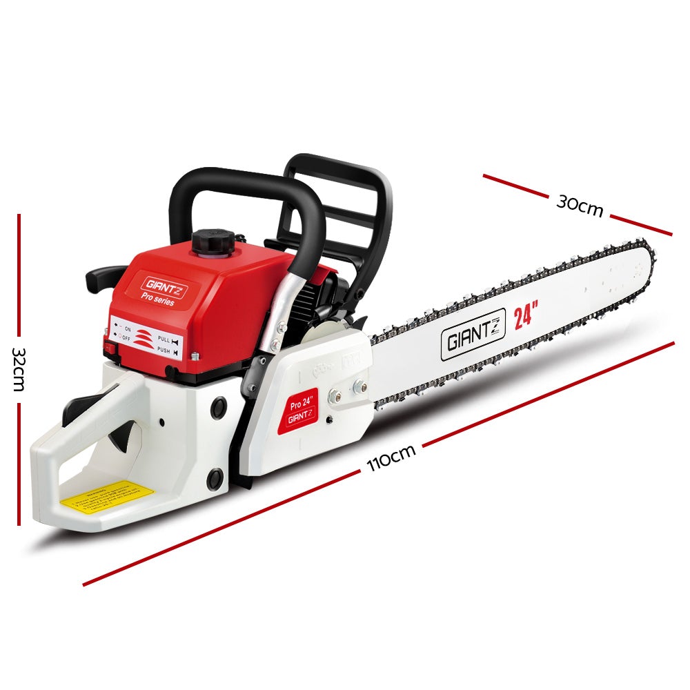 Giantz 88CC Commercial Petrol Chainsaw in red and white with a 24-inch bar and chain, showcasing its robust design and features.