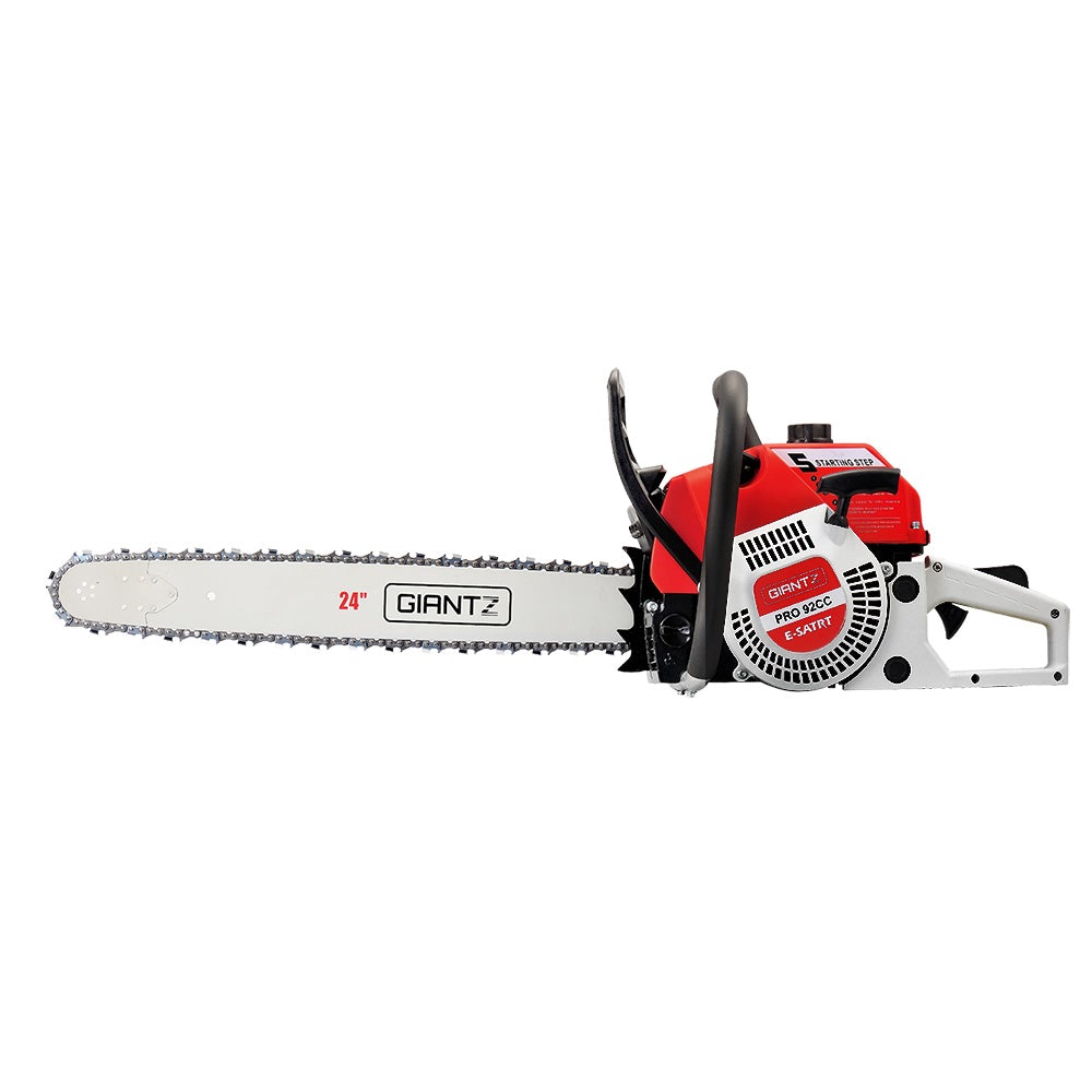 Giantz 88CC Commercial Petrol Chainsaw in red and white with a 24-inch bar and chain, showcasing its robust design and features.