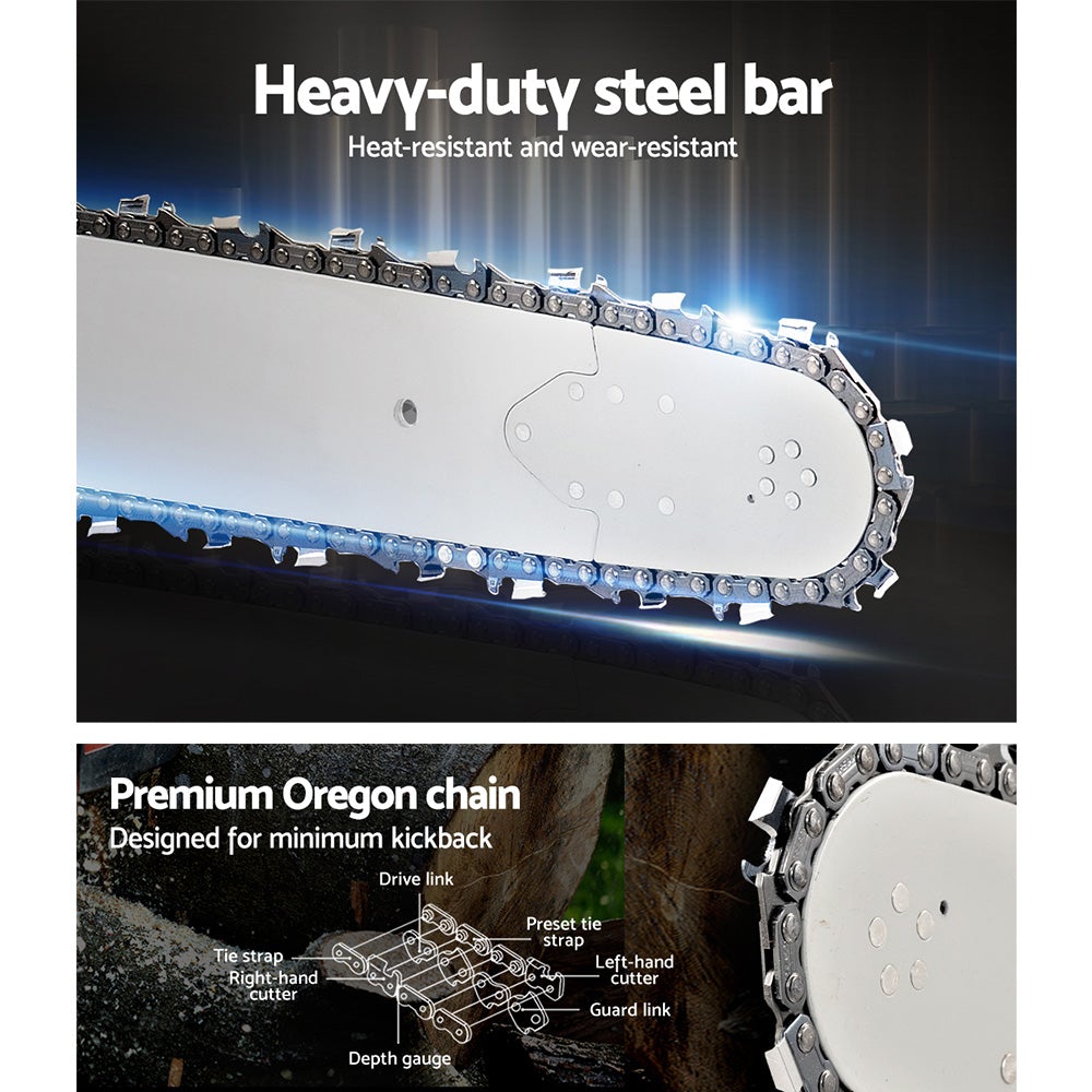 Giantz 88CC Commercial Petrol Chainsaw in red and white with a 24-inch bar and chain, showcasing its robust design and features.