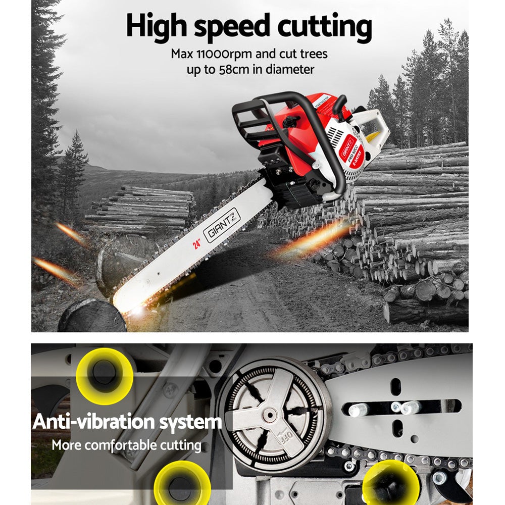 Giantz 88CC Commercial Petrol Chainsaw in red and white with a 24-inch bar and chain, showcasing its robust design and features.