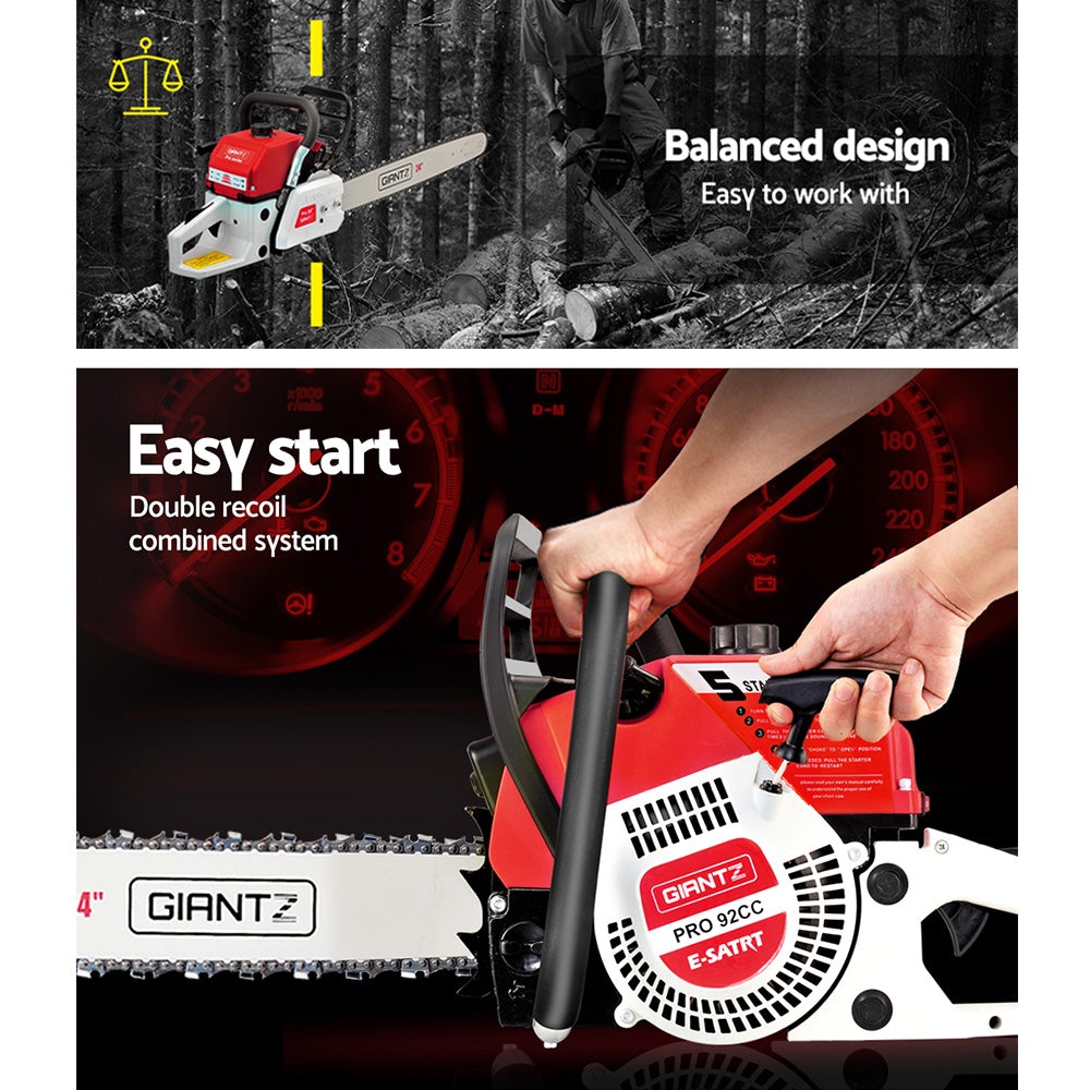 Giantz 88CC Commercial Petrol Chainsaw in red and white with a 24-inch bar and chain, showcasing its robust design and features.