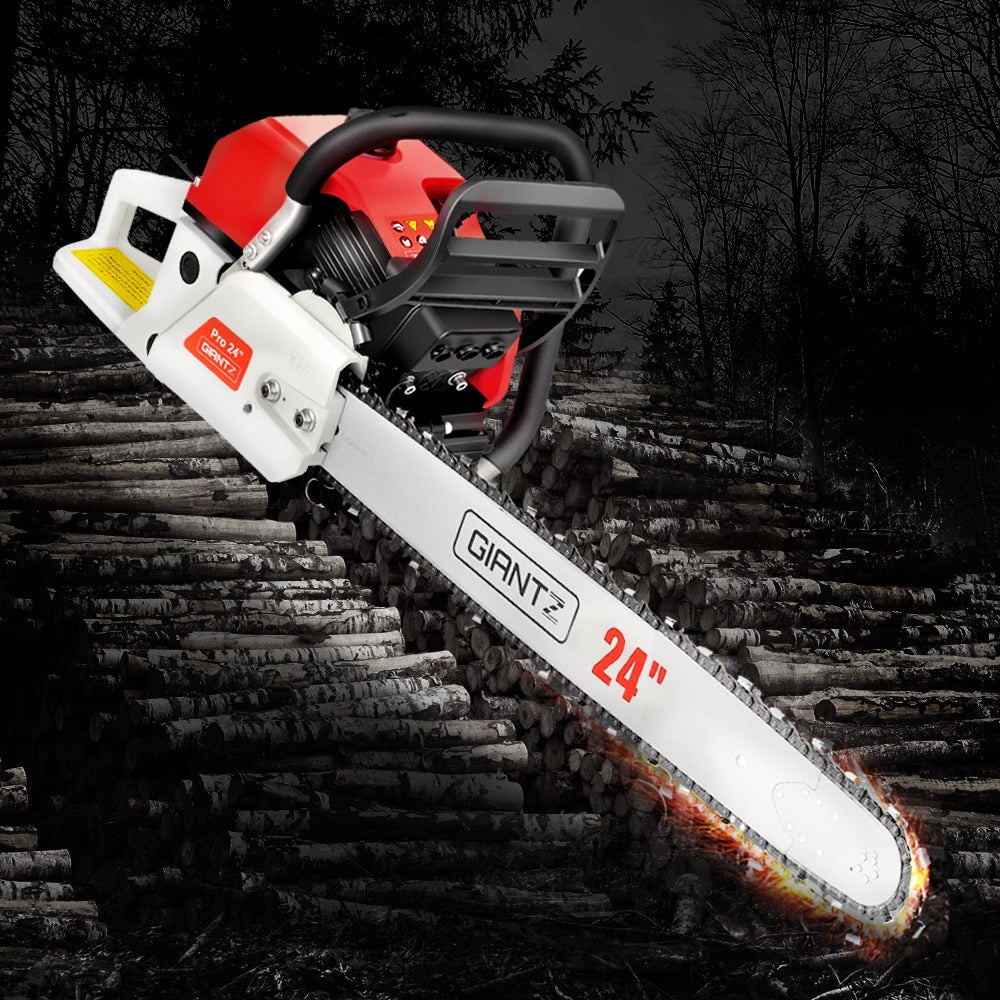 Giantz 88CC Commercial Petrol Chainsaw in red and white with a 24-inch bar and chain, showcasing its robust design and features.