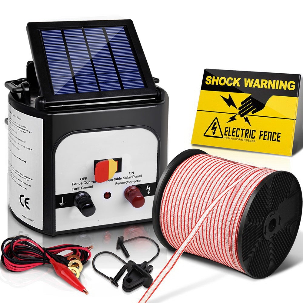 Giantz 8km Solar Electric Fence Energiser with 400m polytape and accessories, designed for livestock security and animal deterrence.