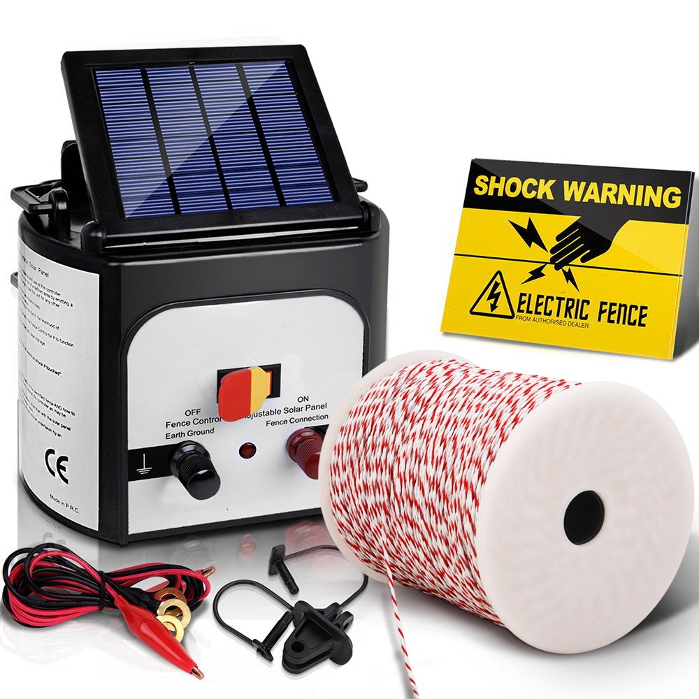Giantz 8km Solar Electric Fence Energiser with 500m polywire, insulators, and warning signs, designed for effective livestock fencing.