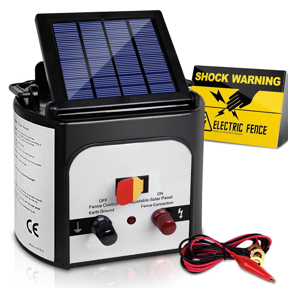 Giantz 8km Solar Power Electric Fence Charger Energiser in white, showcasing its compact design and solar panel.