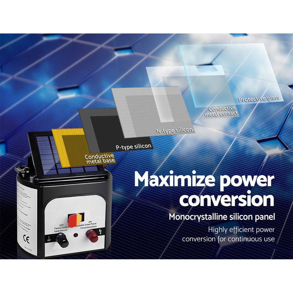 Giantz 8km Solar Power Electric Fence Charger Energiser in white, showcasing its compact design and solar panel.