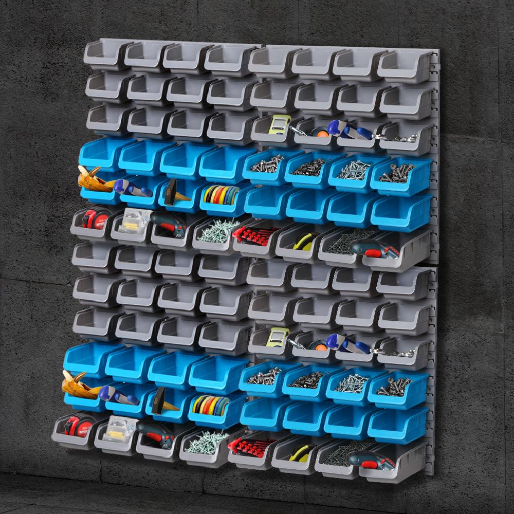 Giantz 96 Storage Bin Rack featuring multiple detachable bins for tool organization in a garage setting.