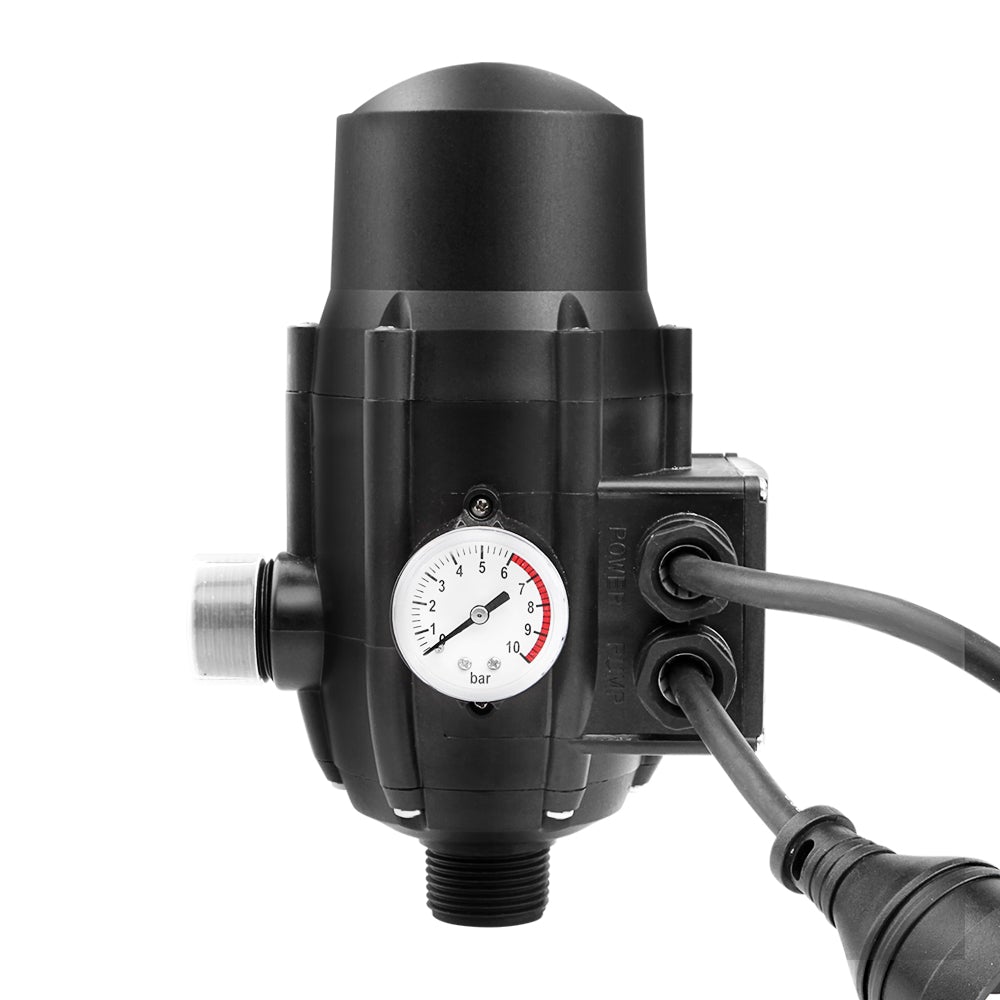 Giantz Adjustable Automatic Electronic Water Pump Controller in black, showcasing its compact design and digital interface.