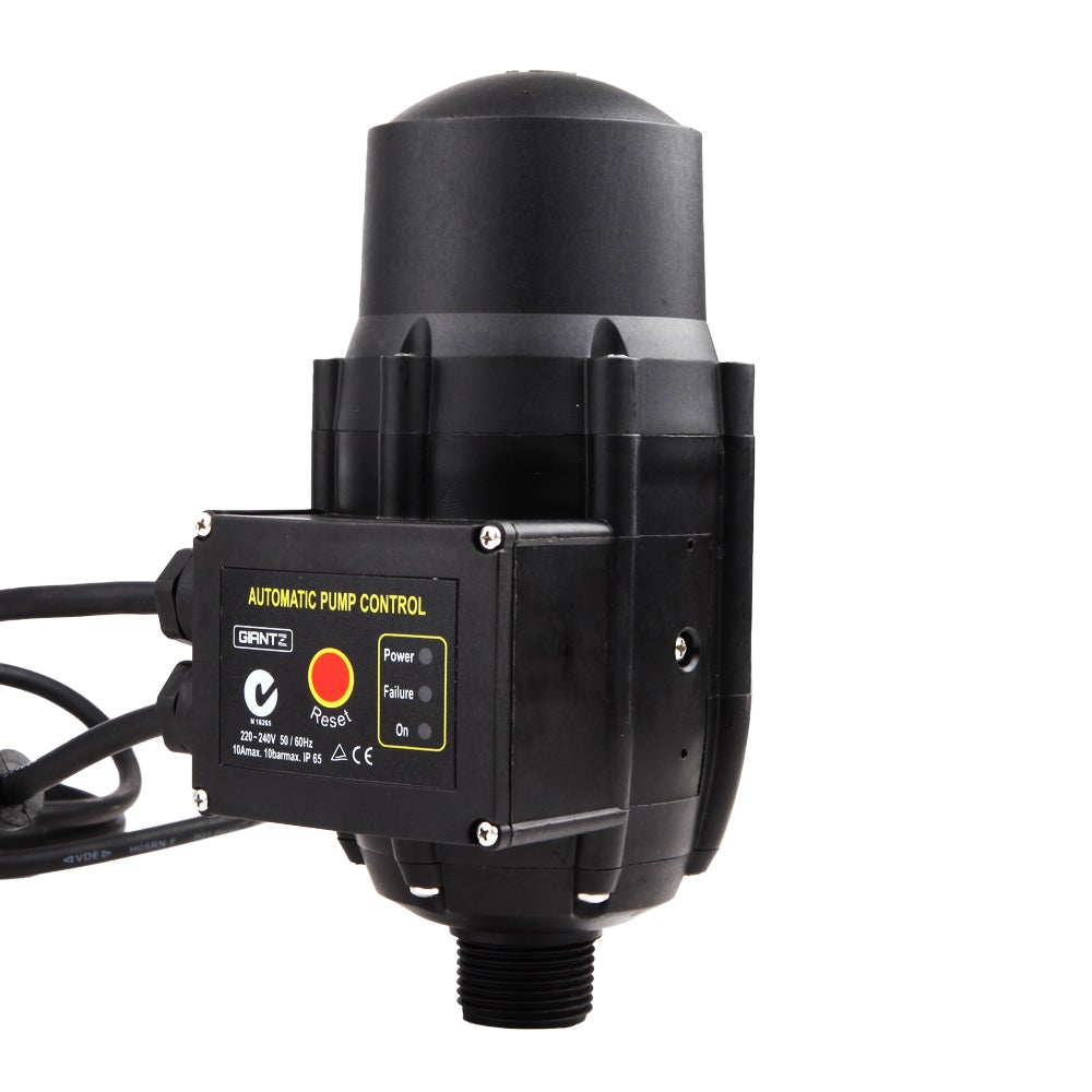Giantz Adjustable Automatic Electronic Water Pump Controller in black, showcasing its compact design and digital interface.