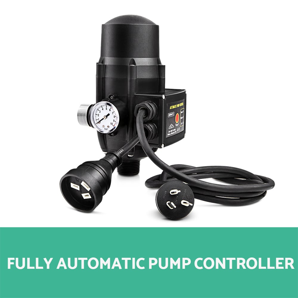 Giantz Adjustable Automatic Electronic Water Pump Controller in black, showcasing its compact design and digital interface.
