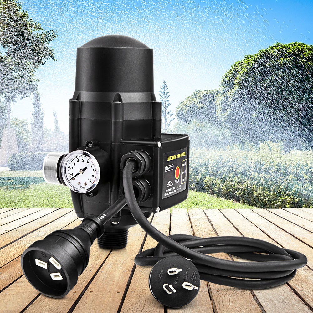 Giantz Adjustable Automatic Electronic Water Pump Controller in black, showcasing its compact design and digital interface.