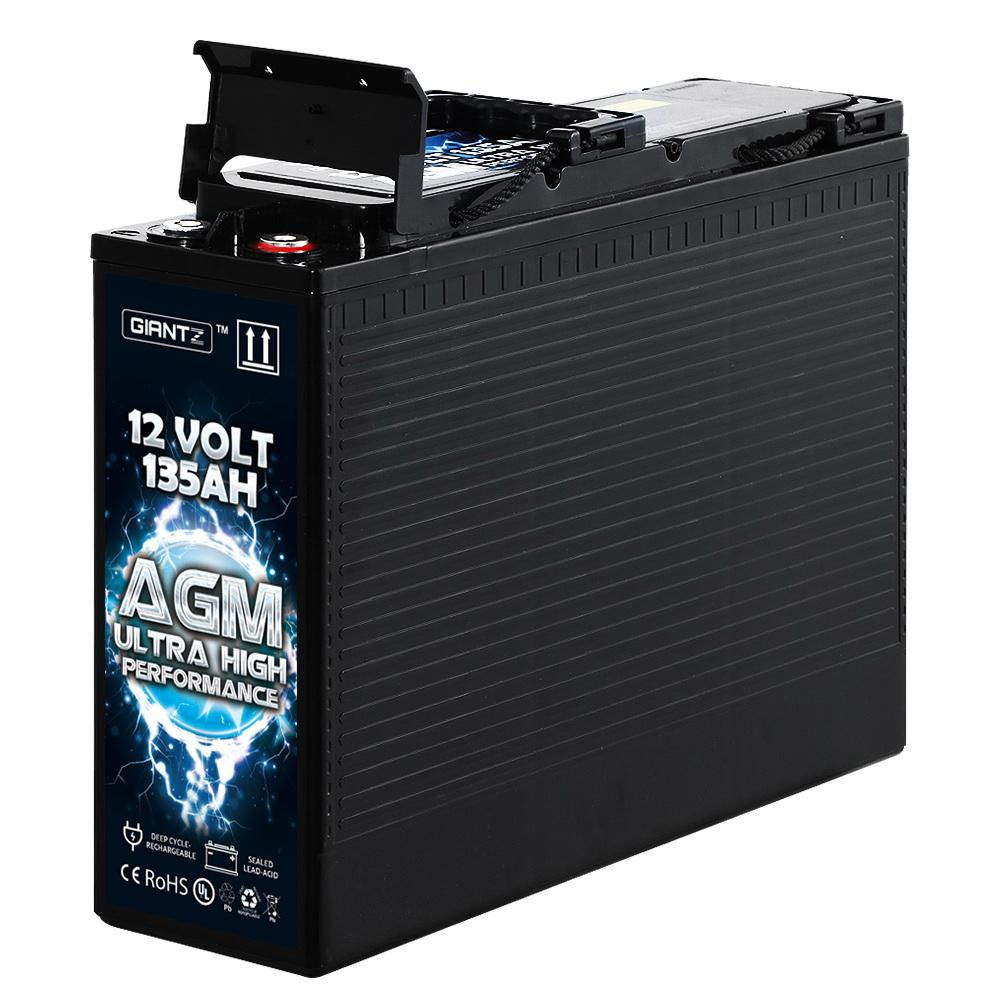 Giantz AGM Deep Cycle Battery 12V 135Ah, portable and sealed design for 4WD and marine applications, showcasing its compact size and terminals.