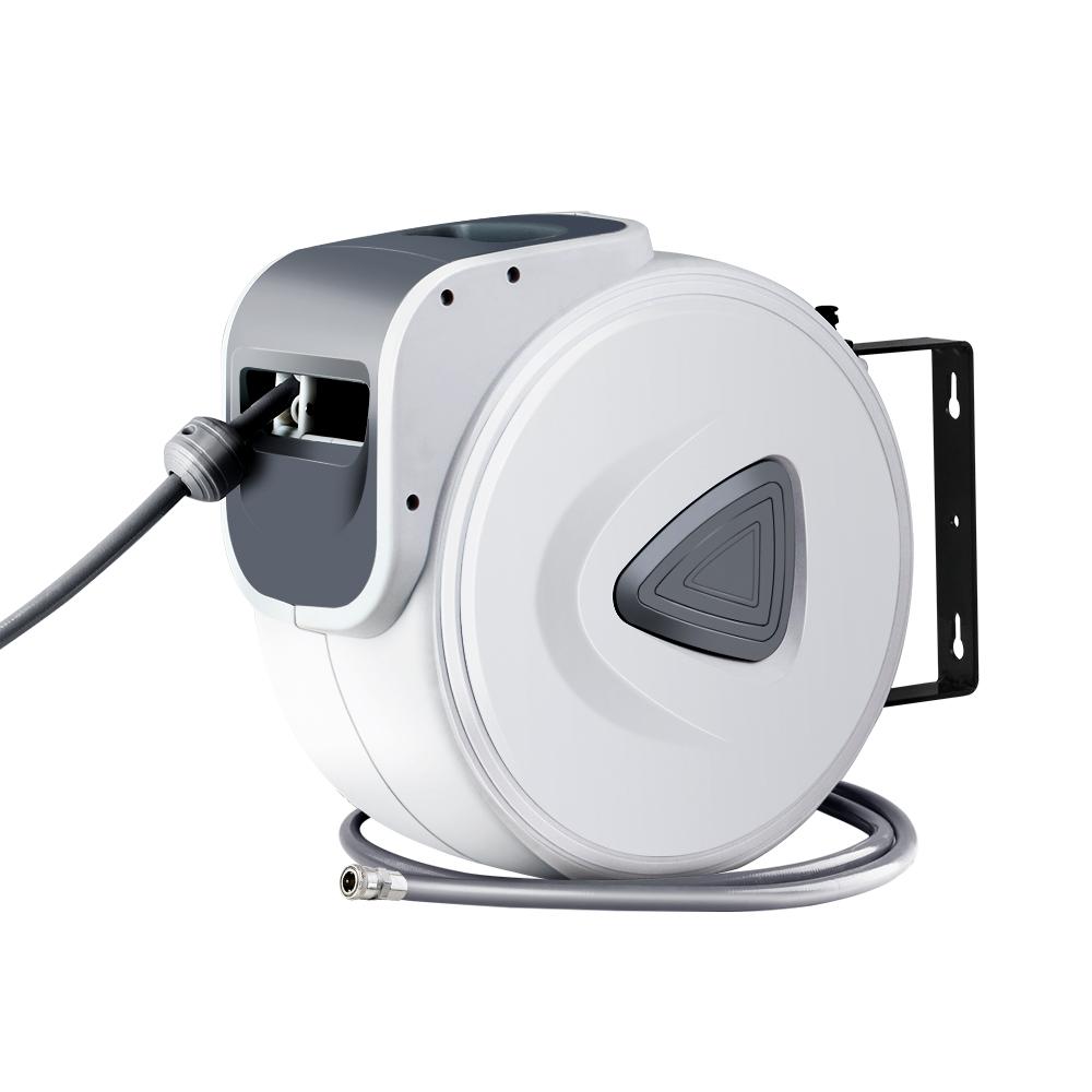 Giantz Air Hose Reel with 20m retractable hose mounted on a wall, showcasing its swivel feature and durable construction.