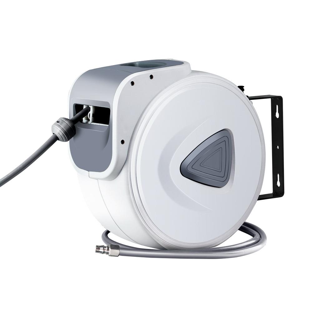 Giantz Air Hose Reel with 20m retractable hose mounted on a wall, showcasing its swivel feature and durable construction.