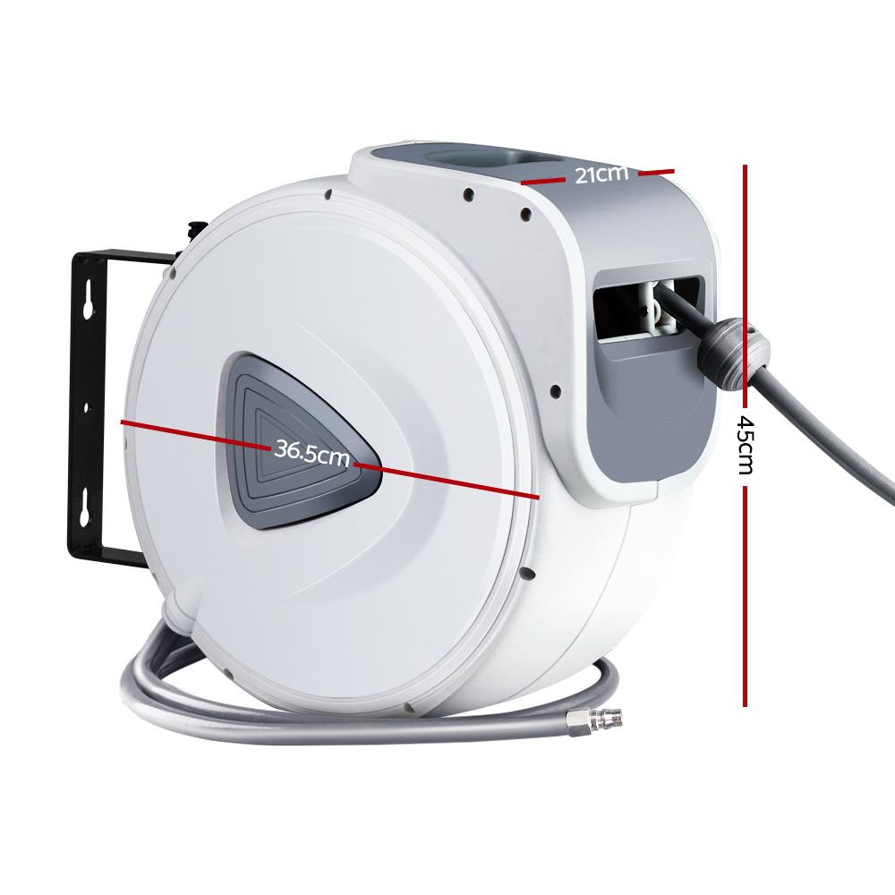 Giantz Air Hose Reel with 20m retractable hose mounted on a wall, showcasing its swivel feature and durable construction.
