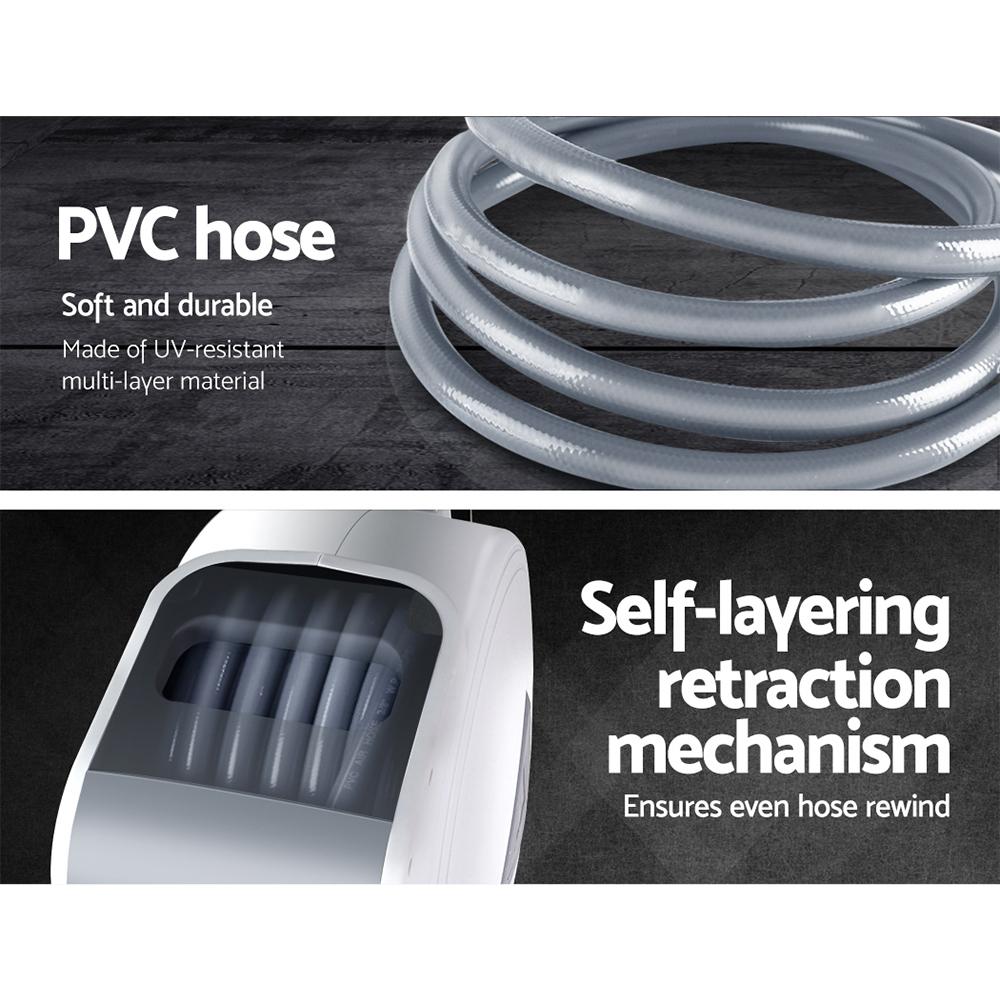 Giantz Air Hose Reel with 20m retractable hose mounted on a wall, showcasing its swivel feature and durable construction.