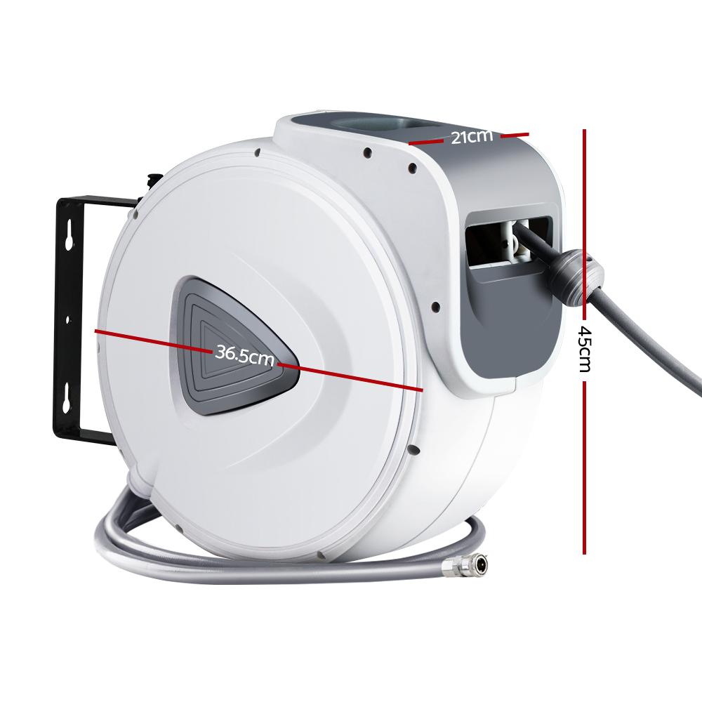 Giantz Air Hose Reel with 20m retractable hose mounted on a wall, showcasing its swivel feature and durable construction.