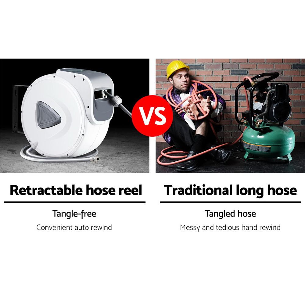 Giantz Air Hose Reel with 20m retractable hose mounted on a wall, showcasing its swivel feature and durable construction.