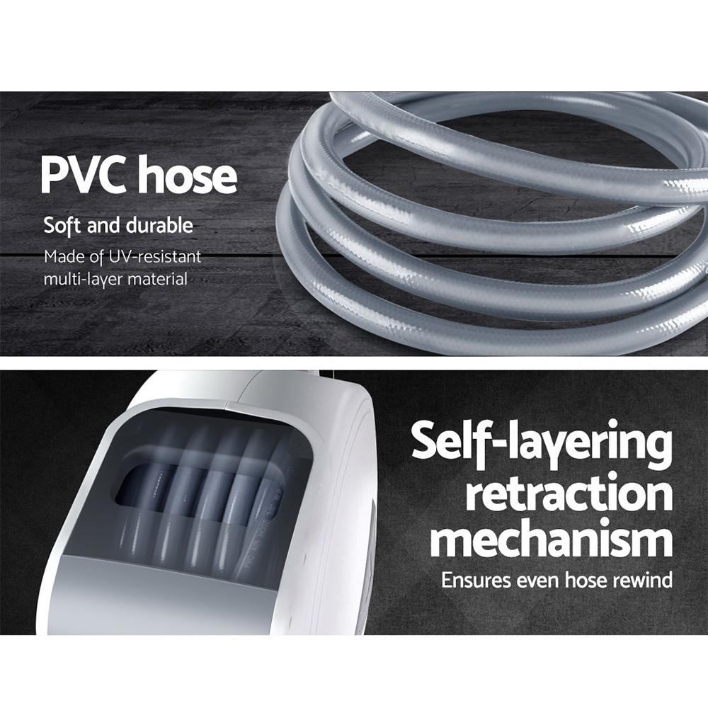 Giantz Air Hose Reel with 20m retractable hose mounted on a wall, showcasing its swivel feature and durable construction.