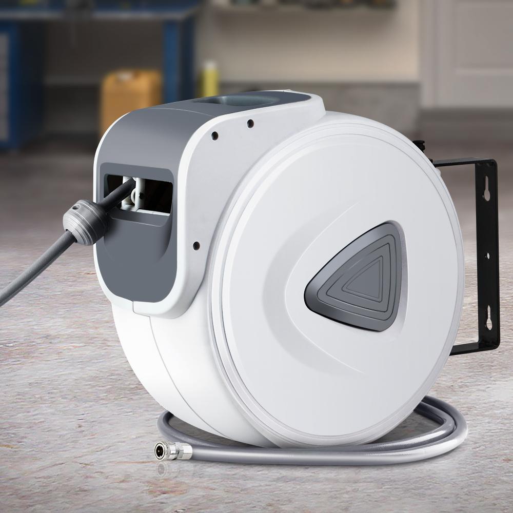 Giantz Air Hose Reel with 20m retractable hose mounted on a wall, showcasing its swivel feature and durable construction.