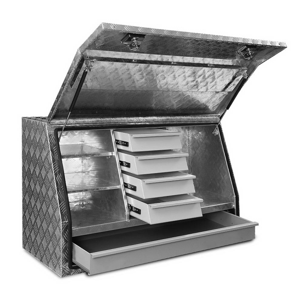 Giantz Aluminium Toolbox featuring a checker plate finish, five drawers, and stainless steel T-locks, ideal for secure tool storage.