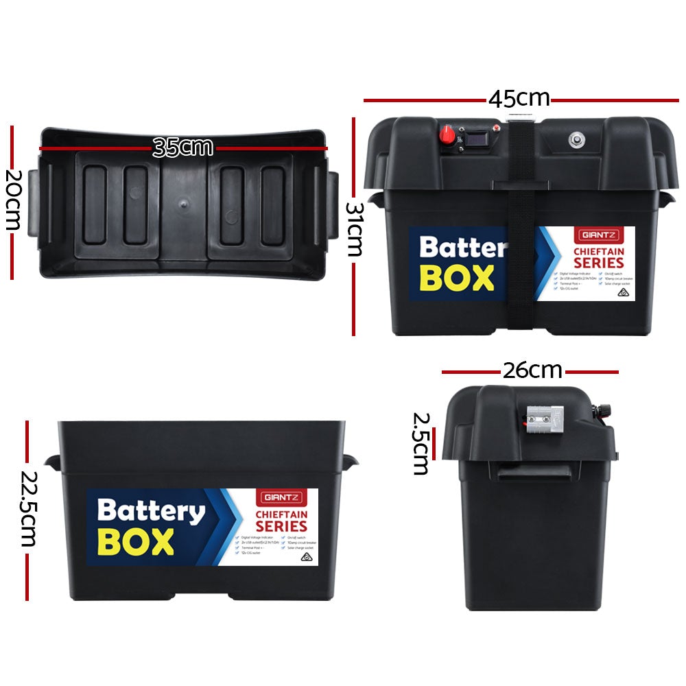GIANTZ Battery Box 12V, portable power station for camping with USB ports and cigarette lighter socket.