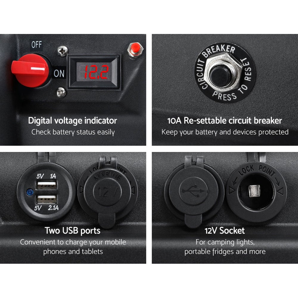 GIANTZ Battery Box 12V, portable power station for camping with USB ports and cigarette lighter socket.